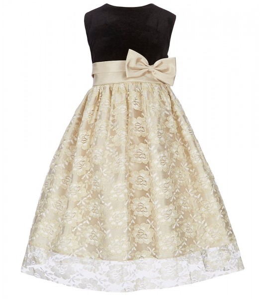 Jayne Copeland Gold Velvet Lace Bow Waist Dress 